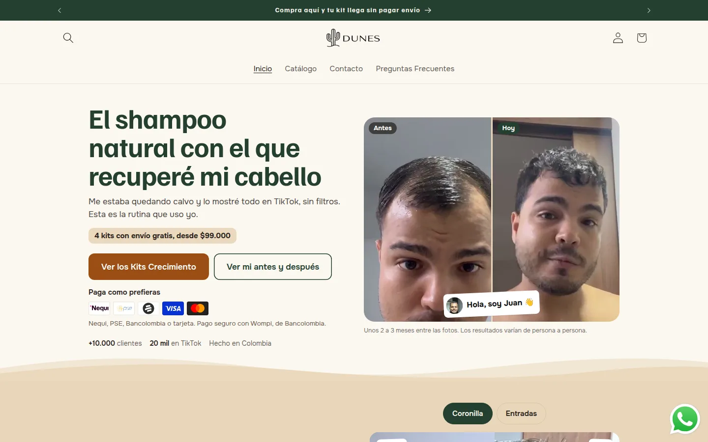 Página de inicio de la tienda Shopify de Dunes en computador